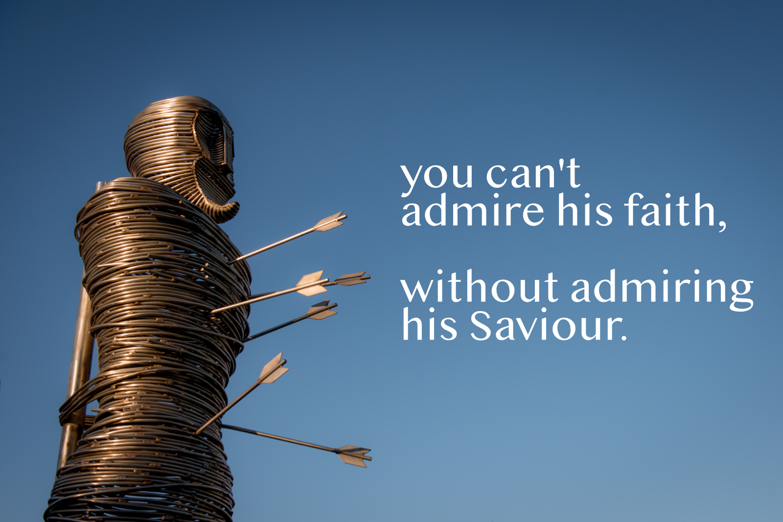 A photograph of a steel sculpture depicting a person, shot through with arrows.